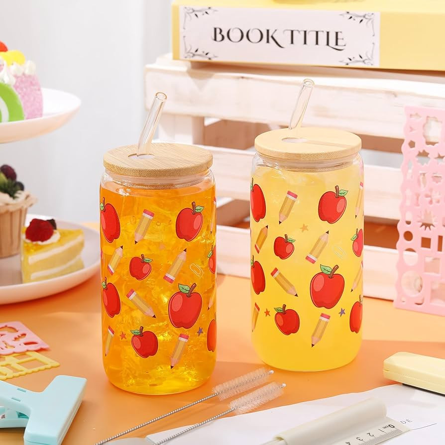 Sliner 2 Pcs Teacher Glass Cups Teacher Appreciation Gifts Iced Coffee Tumbler with Lid Straw End... | Amazon (US)