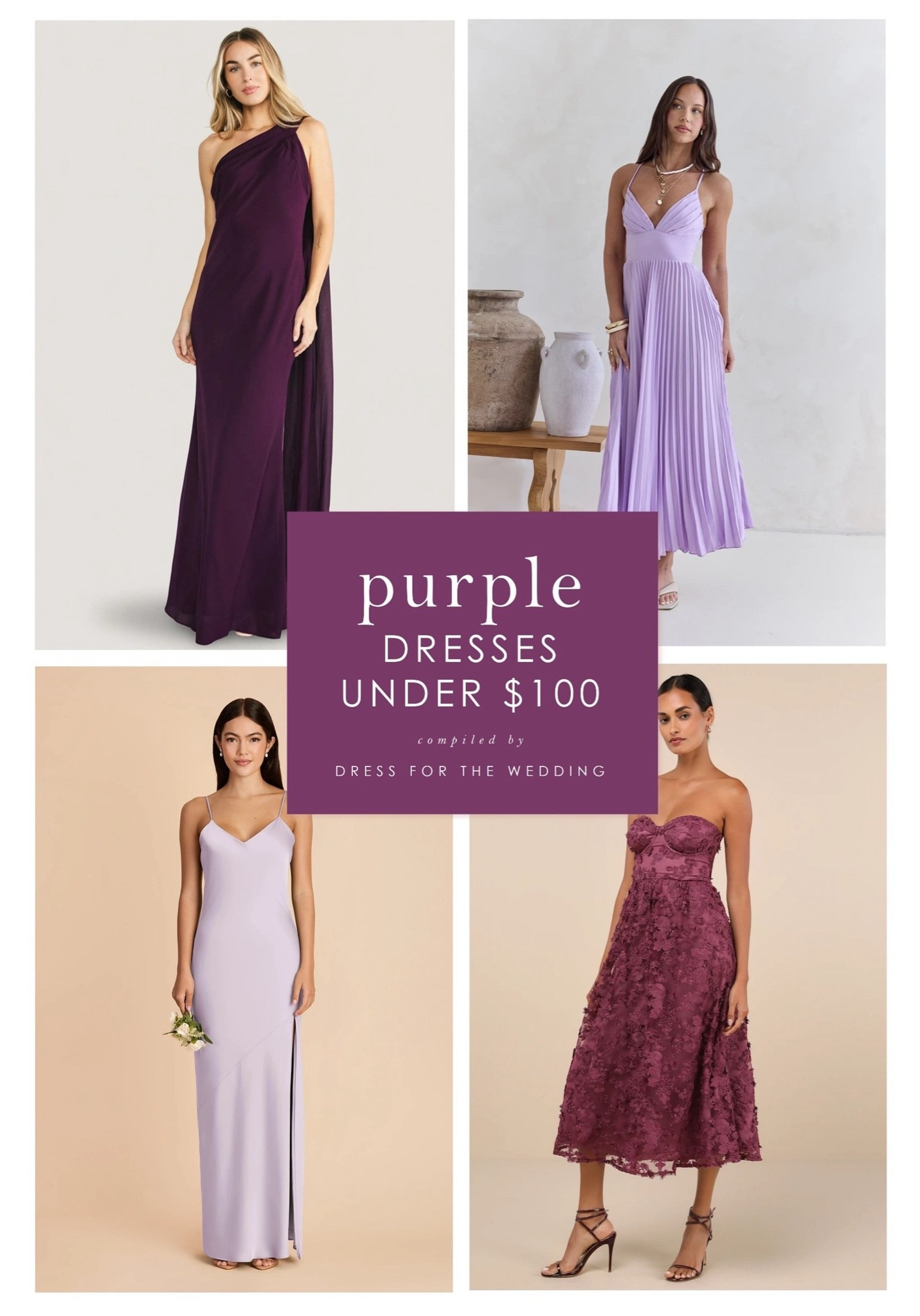 Purple dresses under $100. Affordable purple dresses for wedding guests and bridesmaids. Follow Dress for the Wedding for more! wedding guest dresses, bridesmaid dresses, wedding dresses, mother of the bride dresses, cute outfits, affordable dresses, dresses under 100. @Lulus @Hello Molly and more!

#LTKgrwm #LTKSeasonal #LTKWedding
