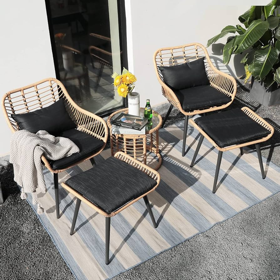 JOIVI 5 Piece Outdoor Wicker Furniture Set, Rattan Bistro All Weather Conversation Set with Ottom... | Amazon (US)