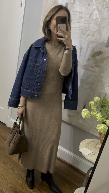 Fall outfit inspo
Fall outfit idea
Minimal style
Sezane denim jacket sold out
Splendid knit maxi dress last year
Little Liffner chocolate suede mini tote available on their website, but linked the shoulder bag that also looks so good. 
Black knee high boots reformation

#LTKstyletip #LTKshoecrush #LTKitbag