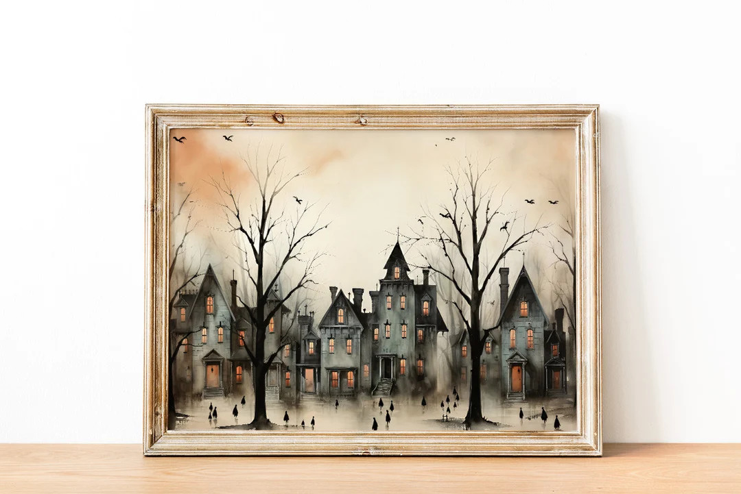 Printable Halloween Wall Art, Haunted House Art Painting, Halloween Art Print, Farmhouse Decor, S... | Etsy (US)