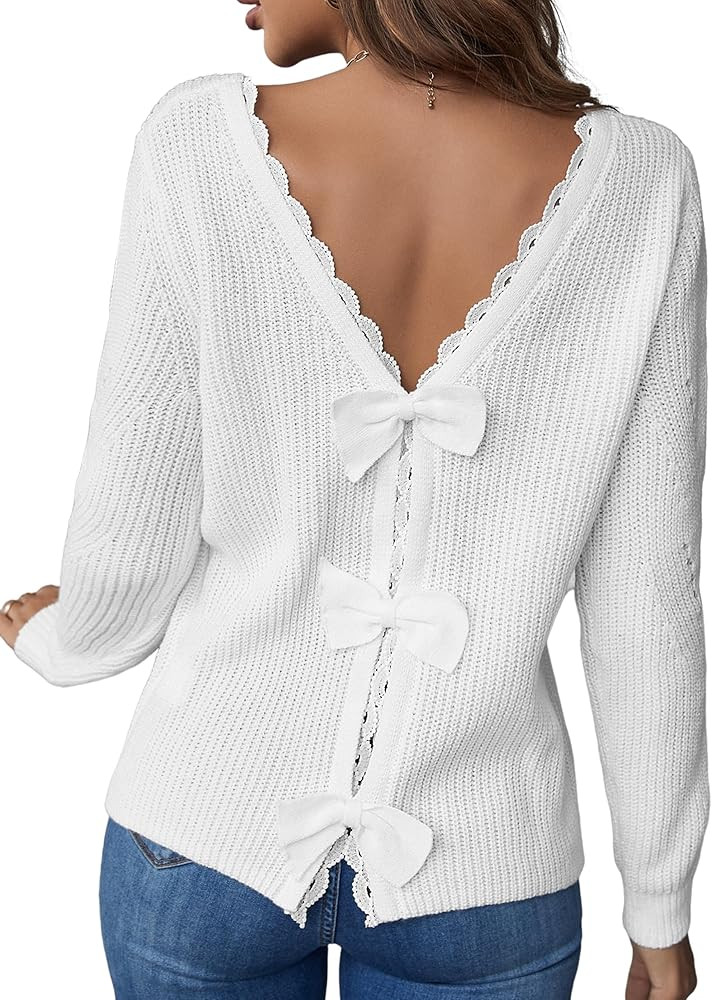 Bairmild Women's Lace Trim V Neck Knit Sweater Long Sleeve Bow Back Eyelet Sweatshirt Hollow Out Vin | Amazon (US)