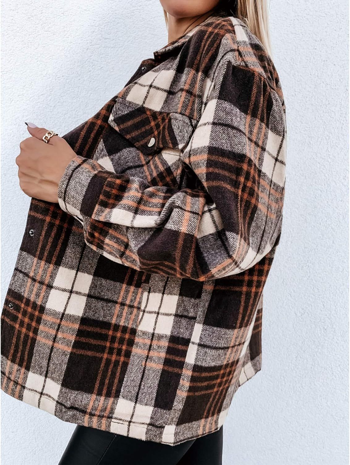 Hixiaohe Women's Casual Loose Wool Blend Plaid Shirt Jacket Long Sleeve Button Down Shacket Coat | Amazon (US)