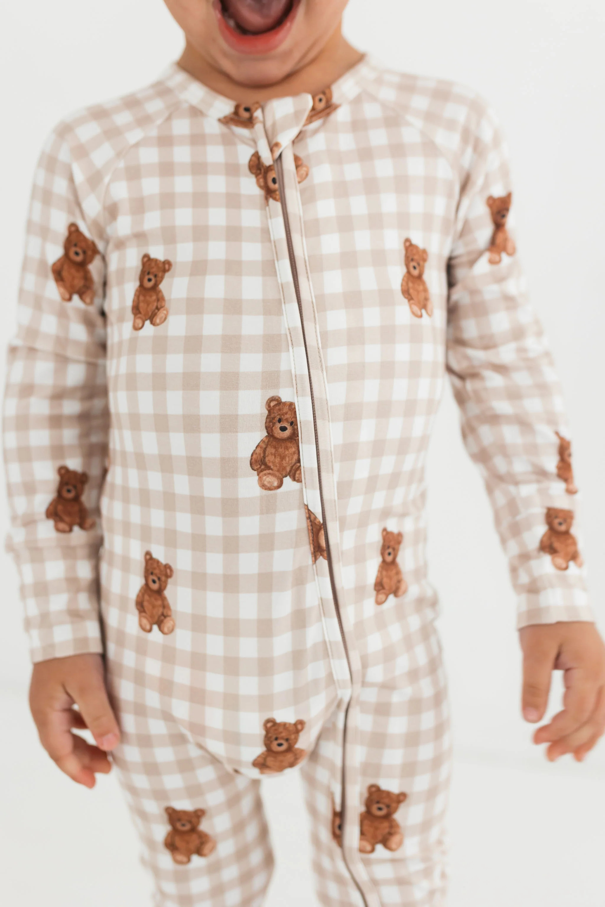Teddy Gingham Zipper Romper | In My Jammers