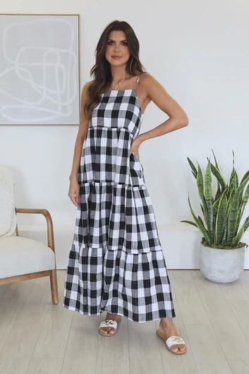 Check Mate Black Tiered Gingham Maxi Dress | Pink Lily