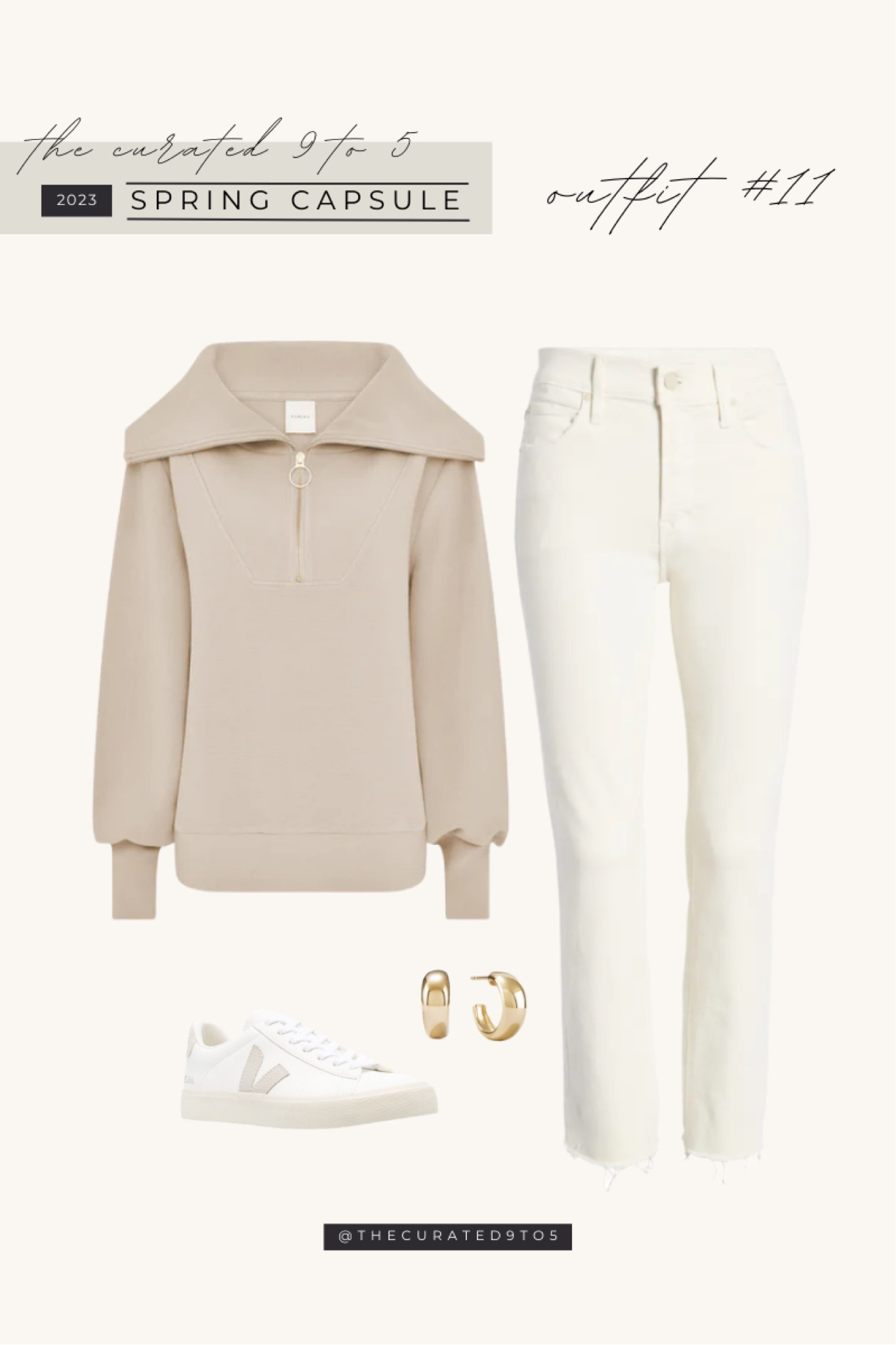 2023 spring capsule wardrobe 
Varley half-zip, spring sweatshirt
Cream jeans, white denim
Gold jewelry, earrings, hoops
White leather sneakers, Veja

#LTKshoecrush #LTKSeasonal #LTKstyletip