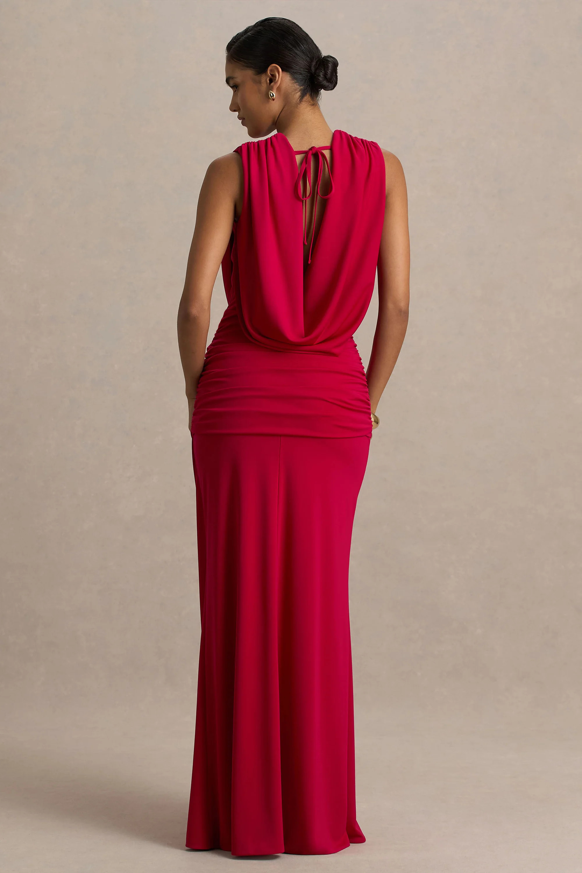 Serafina | Red Extreme-Plunge Maxi Dress With Ruched Detailing And Open-Back | Club L London