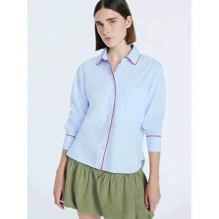 Free Assembly Women's Contrast Piped Cotton Shirt with Long Sleeves, Sizes XS-XXL | Walmart (US)