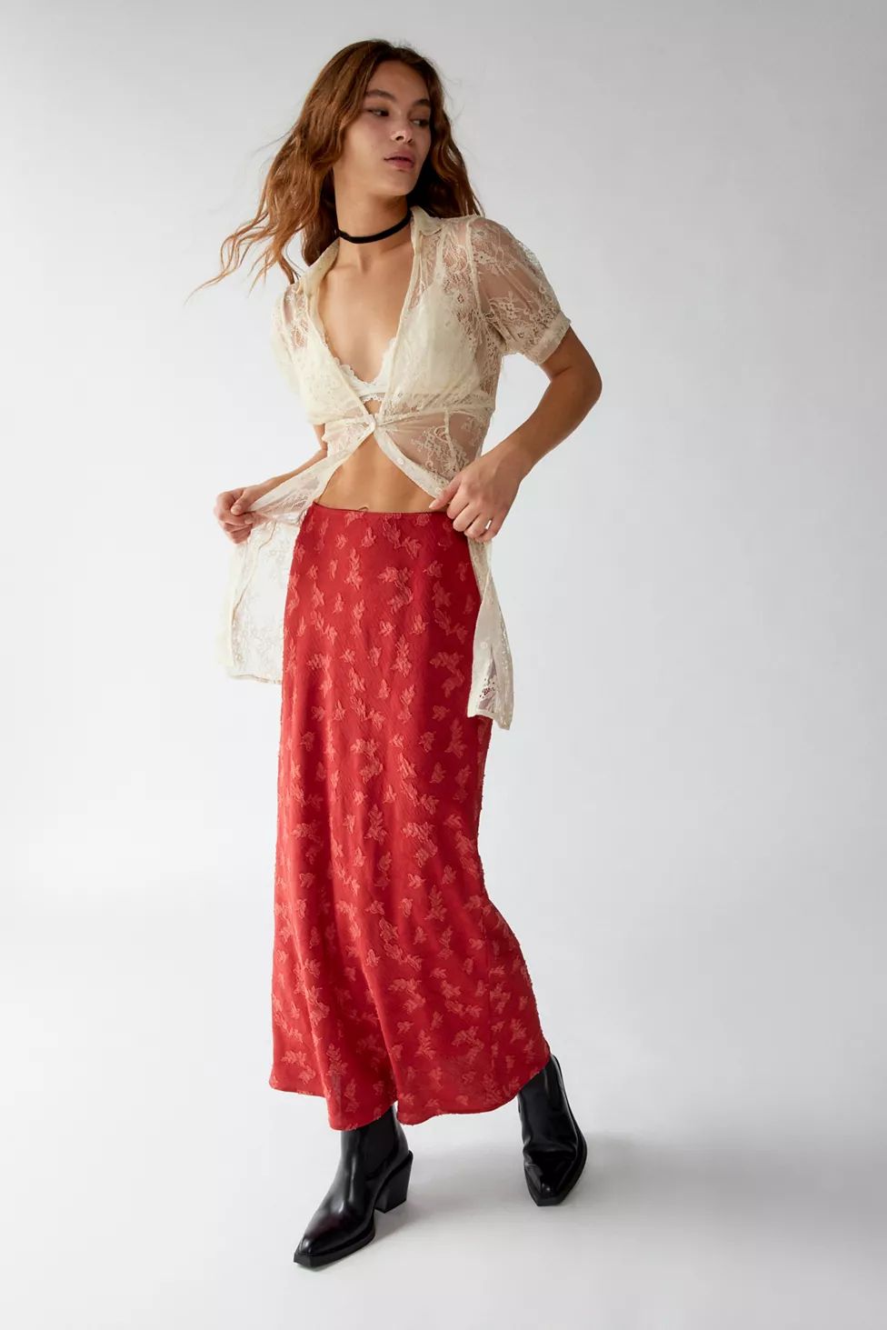 Urban Renewal Remnants Textured Floral Jacquard Column Maxi Skirt | Urban Outfitters (US and RoW)