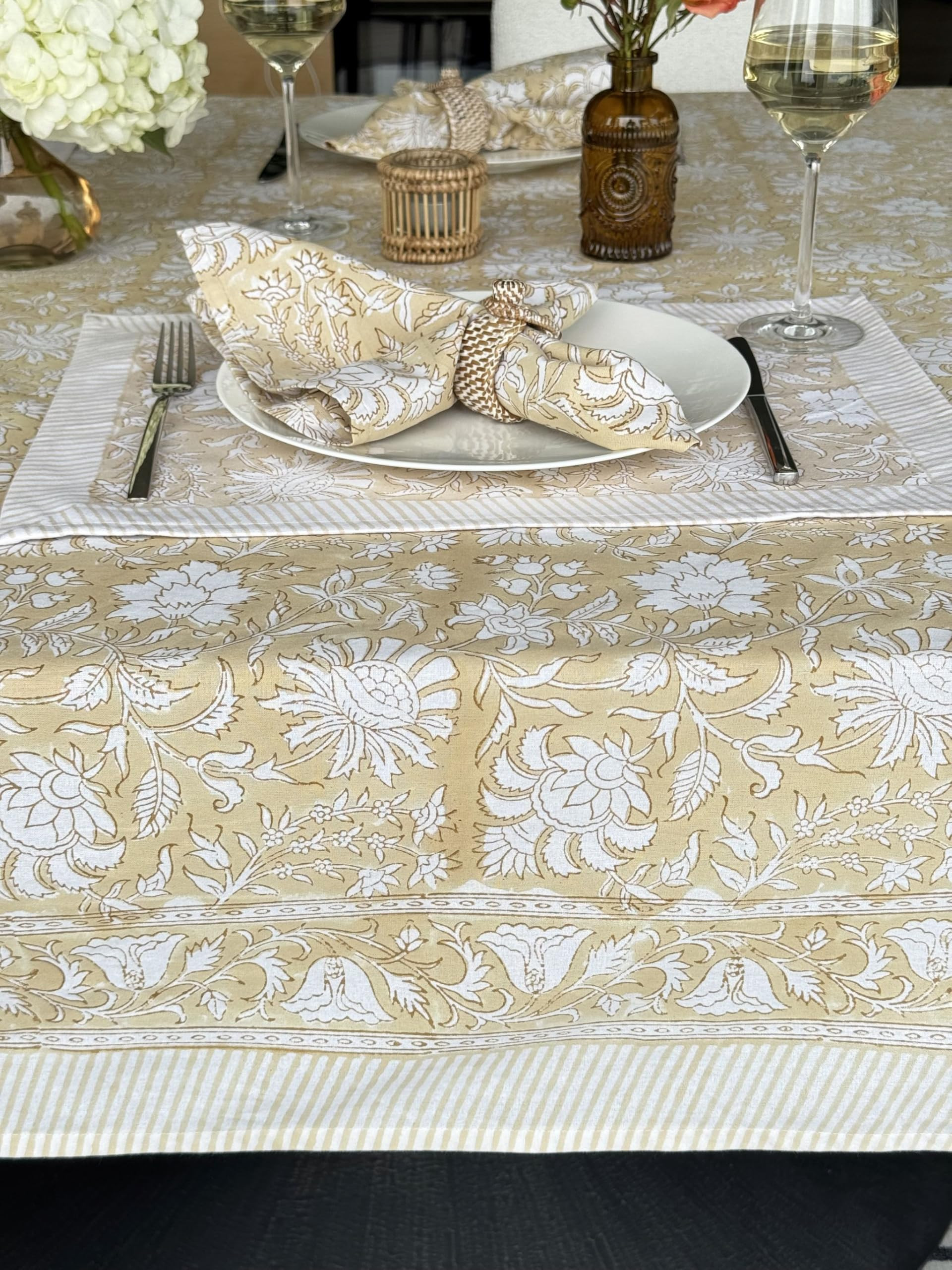 Kouboo Beige 100% Cotton Summer Tablecloth, Hand Block Print, Washable Durable Table Linen for Ev... | Amazon (US)