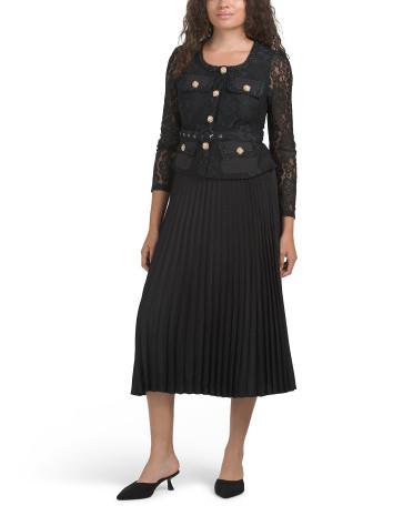 Long Sleeve Lace Dress With Pleated Skirt | TJ Maxx