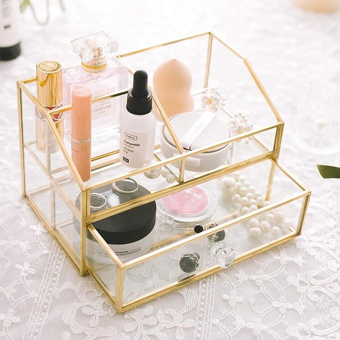 FSyueyun Makeup Organizer Vanity Glass Jewelry Storage Display Case with Drawer, Cosmetics Storag... | Amazon (US)