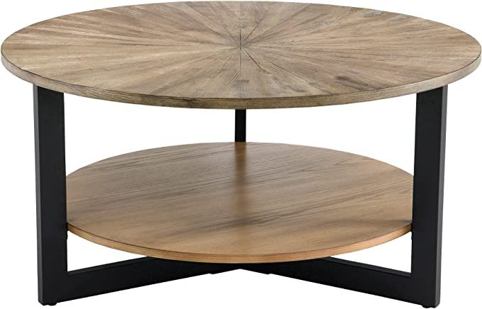 35.3" Round Coffee Table, Solid Wood Living Room Cocktail Table with 2-Tier Storage Shelf, Indust... | Amazon (US)