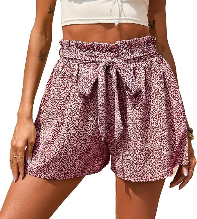 BTFBM Women Shorts Casual Comfy Elastic High Waist Summer Beach Leopard Print Pocketed Wide Leg S... | Amazon (US)