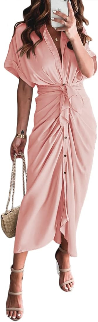 Ceuplon Women's Ruched Front Shirt Dress Short Sleeve Button Down Maxi Dresses with Belt | Amazon (US)