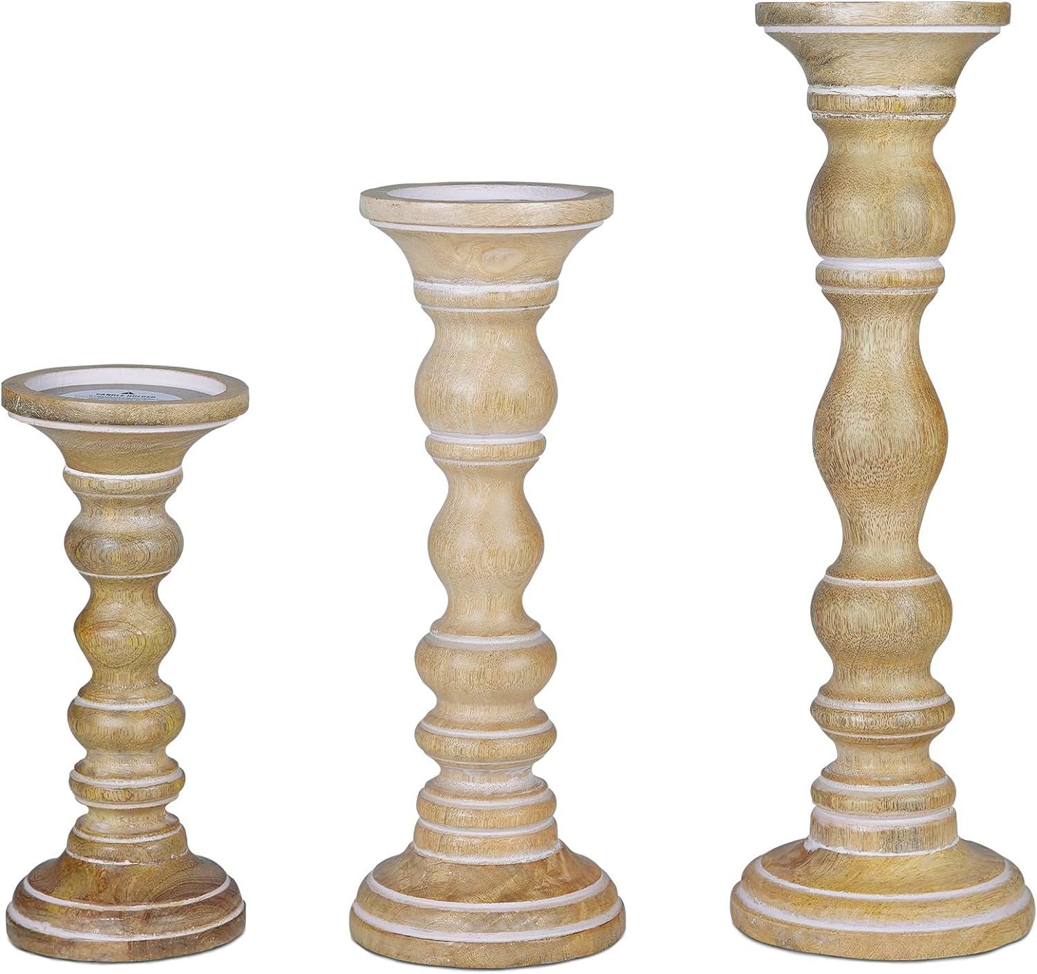 “Willow” Candle Holders for Pillar Candles (Whitewash, Set of 3) - Mangowood Candle Stand - F... | Amazon (US)