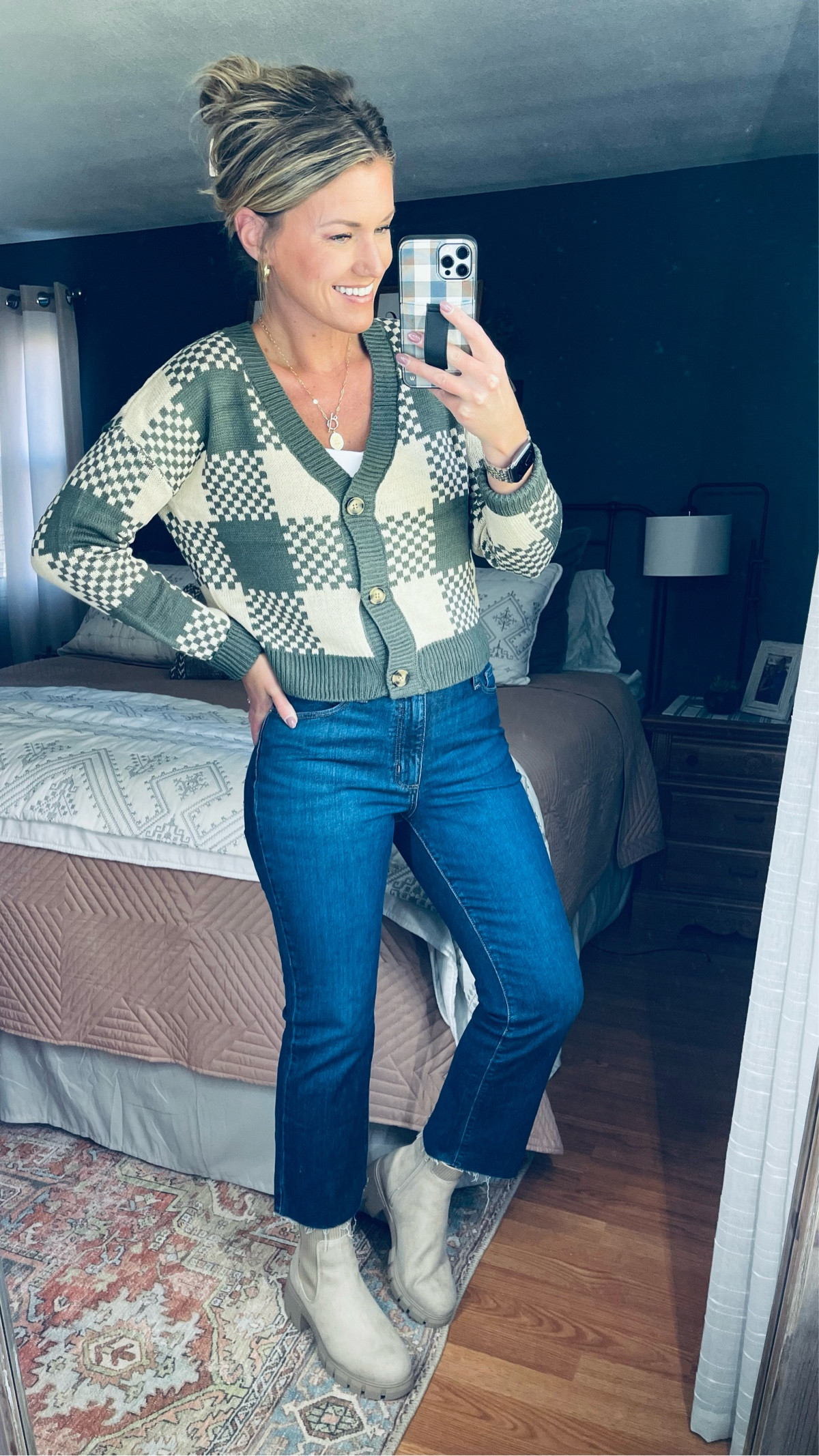 Affordable Fall fashion basics. 
Cardigan/ medium 
Jeans/ 10, tts
Boots/ tts

#LTKSeasonal