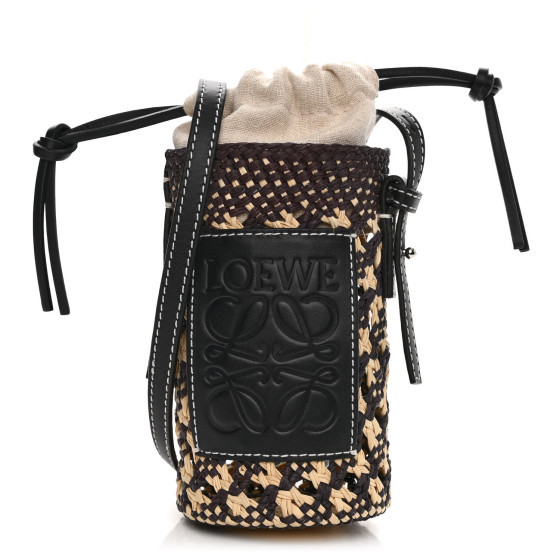 Calfskin Raffia Paula's Ibiza Pocket Bucket Bag Natural Navy Blue | FASHIONPHILE (US)