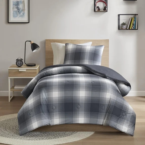 Mainstays Shadow Plaid 2-Piece Grey Comforter Set, Twin/Twin XL | Walmart (US)