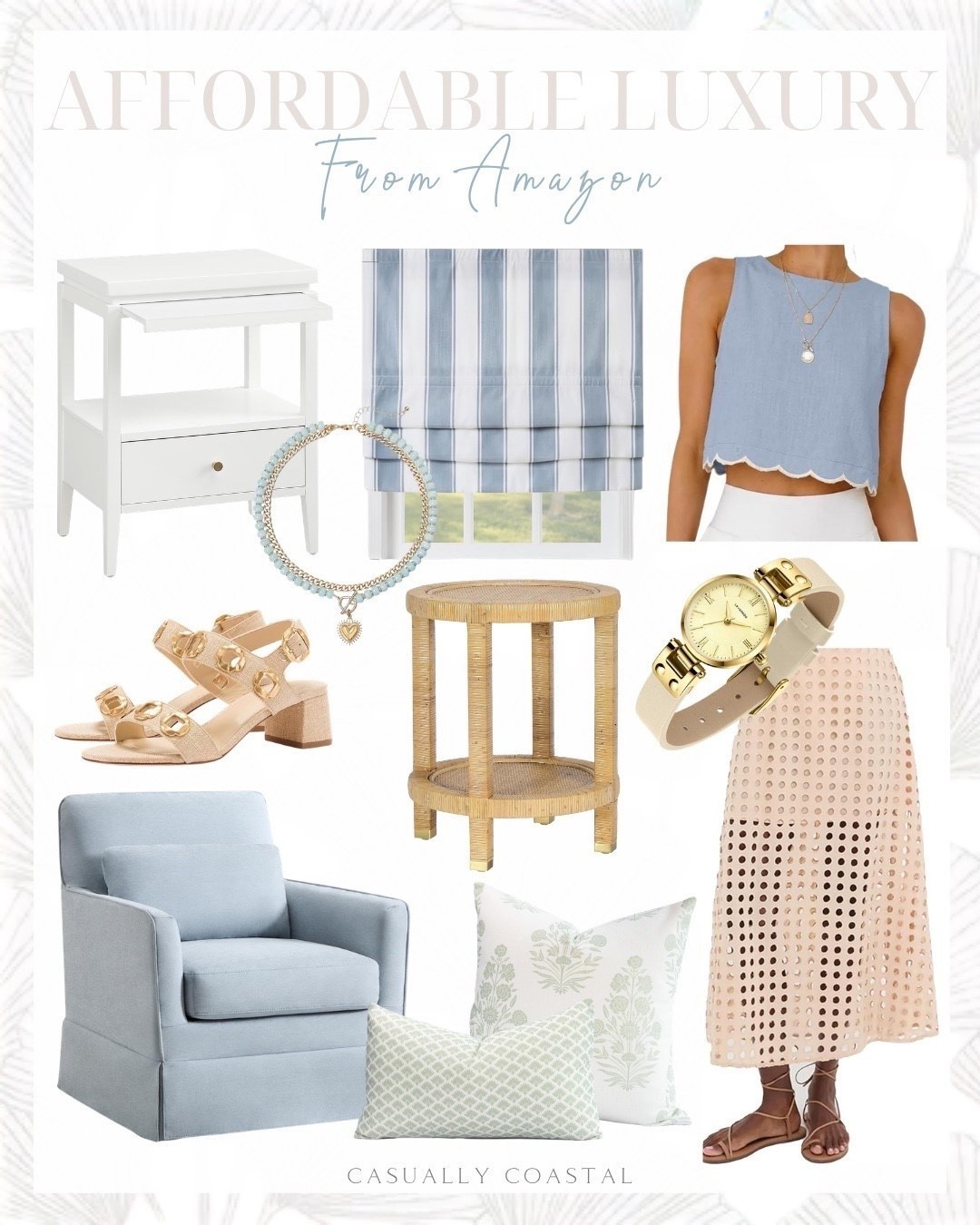 Affordable Luxury From Amazon

Amazon home decor, Amazon nightstand, Amazon pillow covers, Amazon pillows, Amazon side table, Amazon heels, Amazon skirt, Amazon tank top, Amazon necklace, Amazon accent chair, white wood nightstand, swivel accent chair, blue accent chair, coastal home decor, coastal style, wide stripe Roman shades, coastal side table, indoor outdoor throw pillow cover, floral pillow, lumbar pillow cover, high neck linen tank top, eyelet maxi skirt, small gold watch, layered necklace, summer heels, chunky block heels

#LTKHome #LTKSeasonal