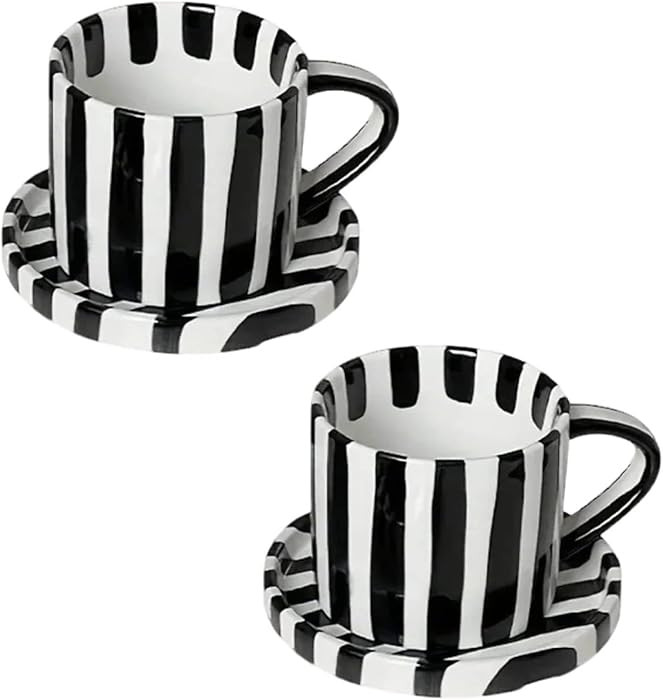 Tea Cup and Saucer, Ceramic 8 oz coffee mug, Dishwasher Safe and Microwave Safe, Black and White,... | Amazon (US)