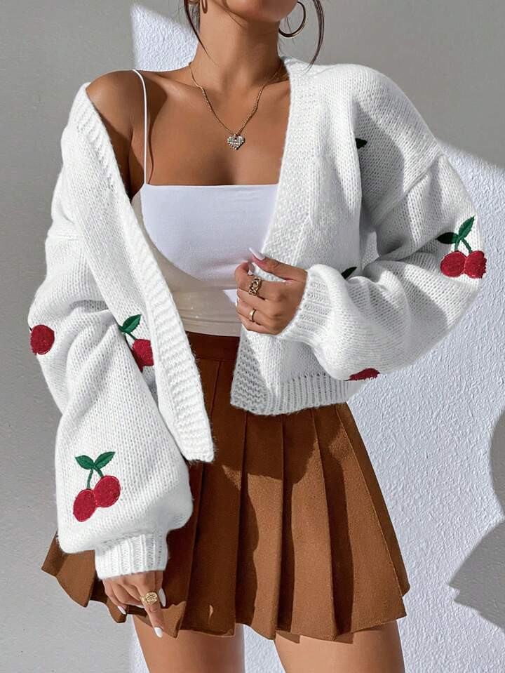 Flirla Cherry Pattern Drop Shoulder Duster Cardigan,Long SleeveTops | SHEIN