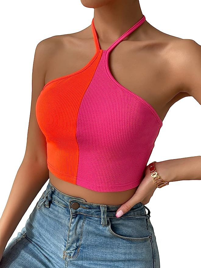 OYOANGLE Women's Color Block Sleeveless Ribbed Knit Tie Backless Halter Crop Cami Top | Amazon (US)