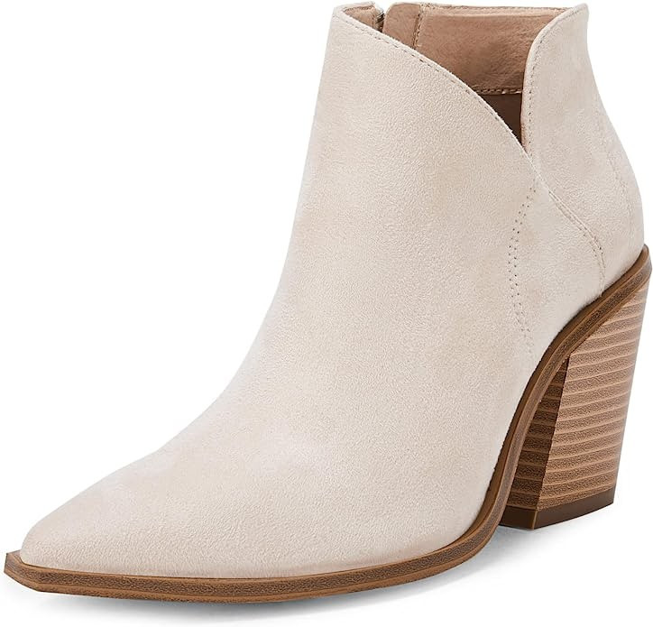 Womens Ankle Boots V Cutout Pointed Toe Western Booties Chunky Heel Side Zipper Chelsea Boots | Amazon (US)