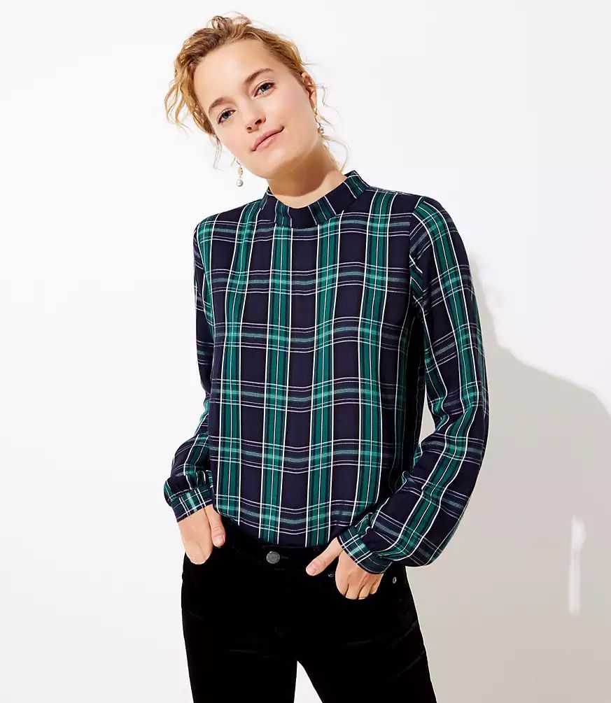 Plaid Mock Neck Blouse | LOFT