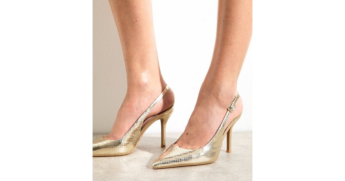 Gold Faux Leather Snakeskin Effect Heeled Slingback Court Shoes | New Look | New Look (UK)