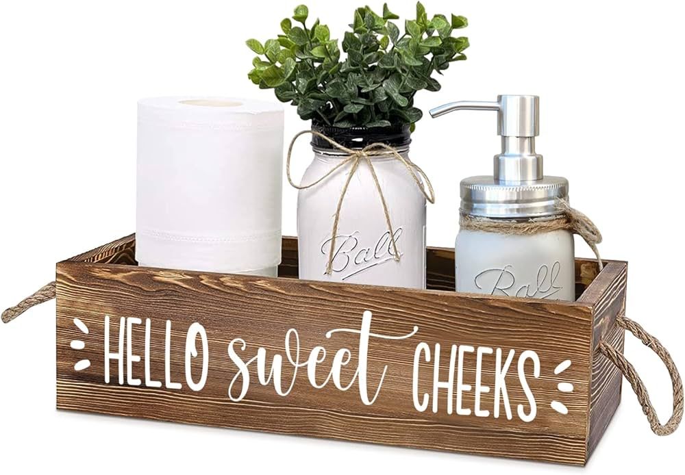 Hello Sweet Checks Wooden 2 Sides Bathroom Decor Box Toilet Tank Paper Basket with Rope Handle, B... | Amazon (US)