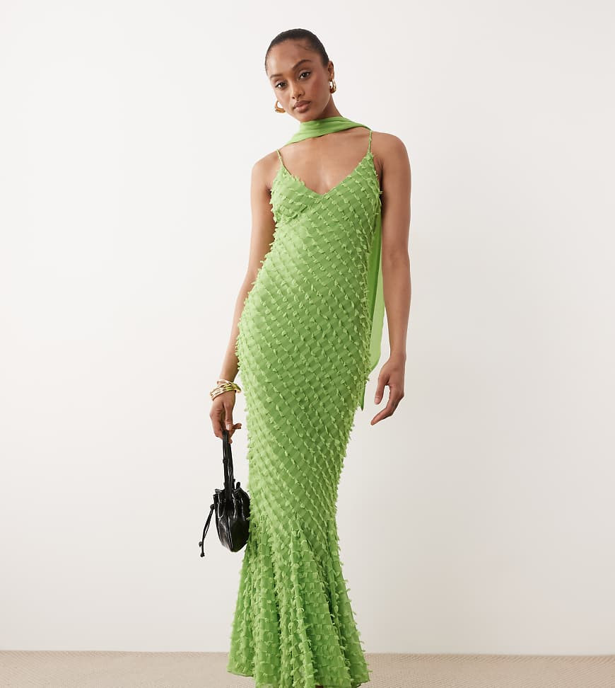 ASOS DESIGN Tall bias plunge cami dress with full godets and scarf detail in green-Multi | ASOS (Global)