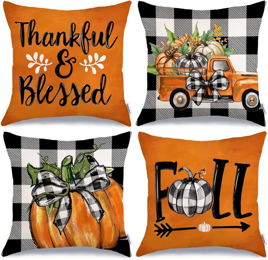 GEEORY Fall Decorative Throw Pillow Covers 16 x 16 Inch Set of 4, Pumpkins Thankful Blessed Buffa... | Amazon (US)