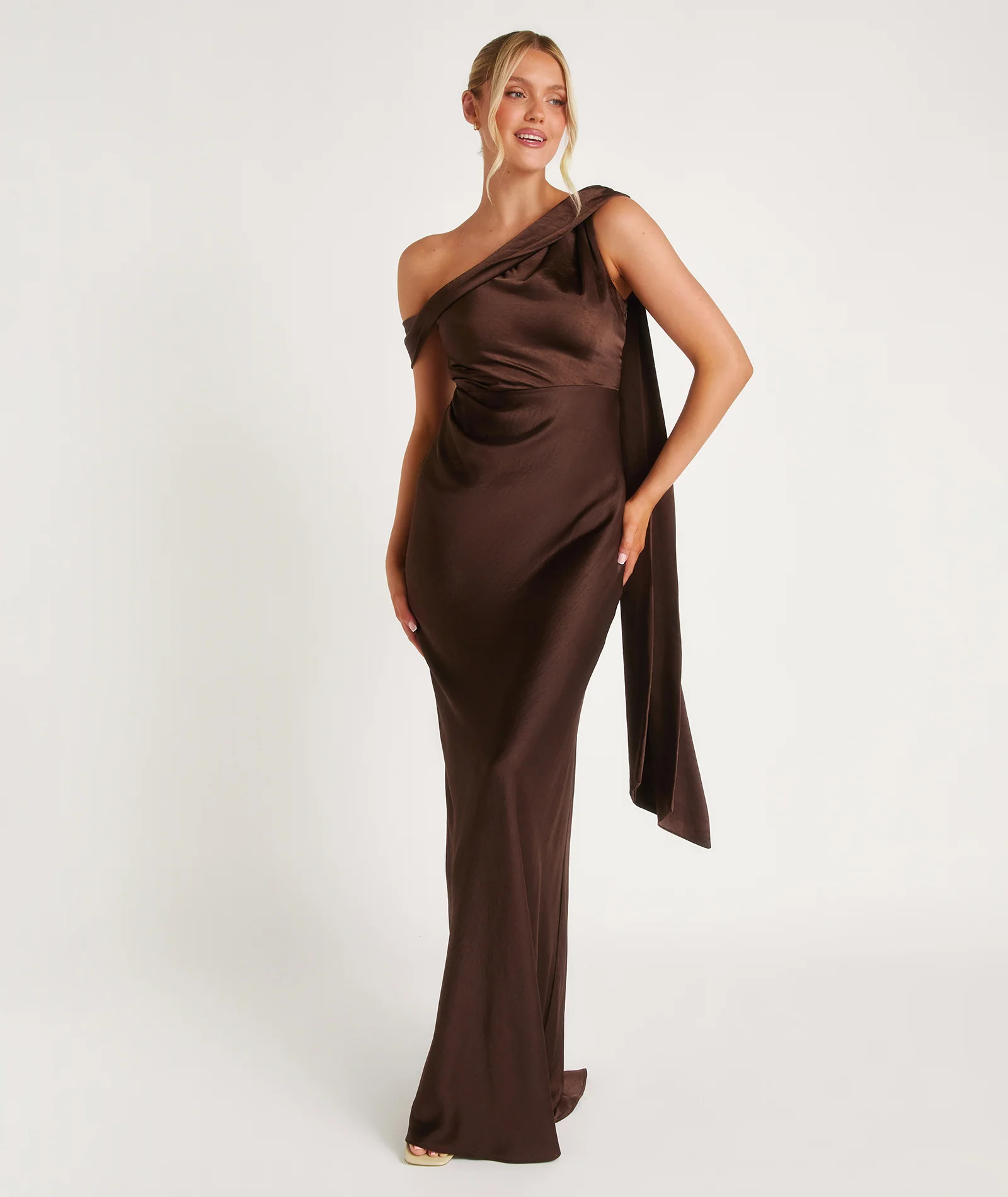 One Shoulder Drape Satin Bridesmaid Dress - Chocolate | Six Stories