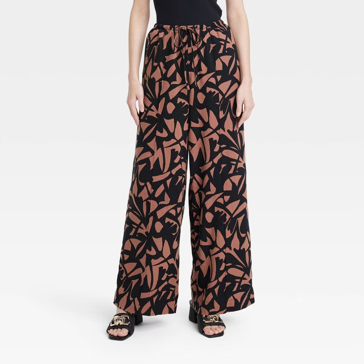 Women's High-Rise Wide Leg Linen Pull-On Pants - A New Day™ Black/Brown Geometric XS | Target