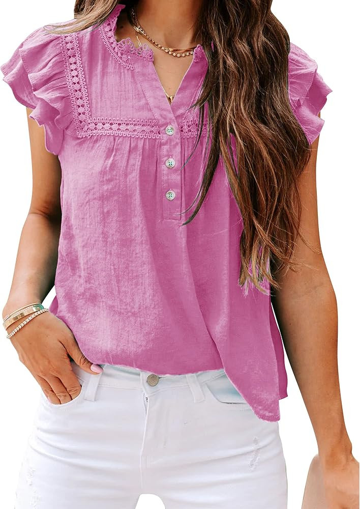PRETTODAY Women's V Neck Lace Crochet Shirts Button Down Short Sleeve Casual Blouse Tops | Amazon (US)