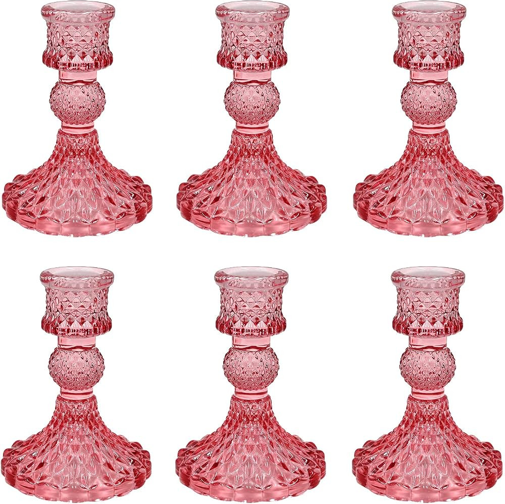 Glass Candlestick Holders Set of 6, Pink Crystal Taper Candle Holders for Table Centerpiece, Home... | Amazon (US)