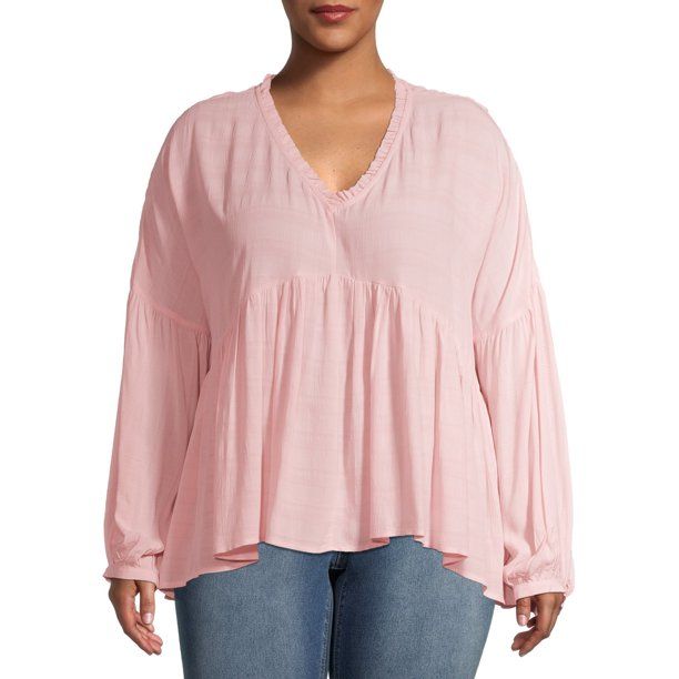 Time and Tru Women's Plus Size Long Sleeve Peasant Top with Ruffle Edge | Walmart (US)