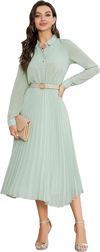 Business Casual Shirt Dress for Women Long Sleeves Pleated Midi Dresses with Belt | Amazon (US)