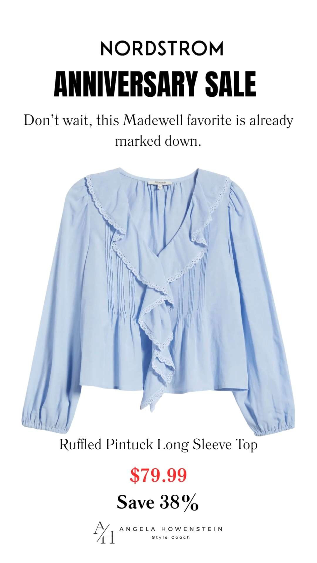 Add it to your Nordstrom Wish List now so you're ready to shop the Anniversary Sale the moment it goes live on the 14th before this best seller is gone!

This Madewell favorite is one you'll wear season after season. 💙 The soft blue color, delicate ruffle details, and feminine silhouette make it perfect for pairing with denim, trousers, or skirts.

👩‍💻 LTK PRO TIPS
❤️ Heart = Support my posts ;-)
🔖 Save = Get sale & restock alerts for the things you love!
📋 Lists = Keep favorites organized (List ideas: Anniversary Sale, Fall Tops, Capsule Wardrobe, Workwear!)
📲 Share = Send lists and products to a friend (or your daughters like me).
💬 Comment = Ask me anything, and I'll answer. ;-) 

 #LTKootd #LTKOver40 #LTKSaleAlert