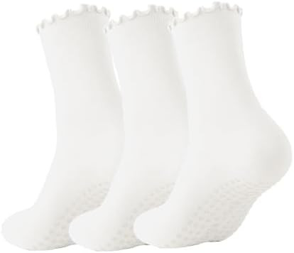 3 Pairs Pilates Socks with Grips Non-slip Ruffle Yoga Sock Grip Sock for Women | Amazon (US)