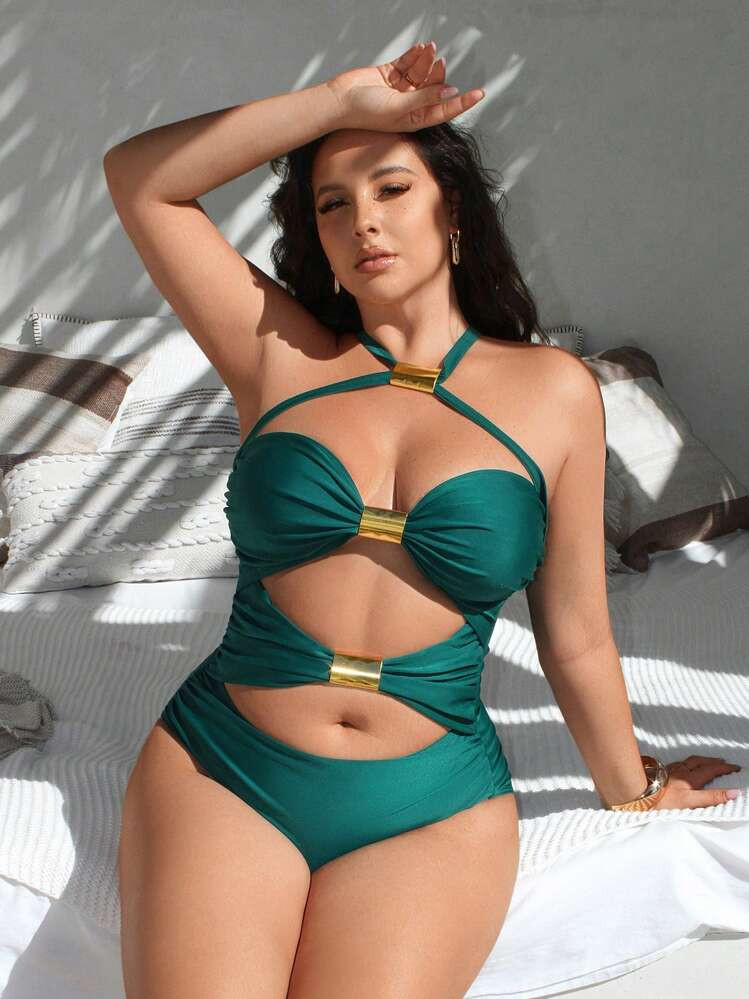 Green Gold One Piece Bathing Suit  | SHEIN