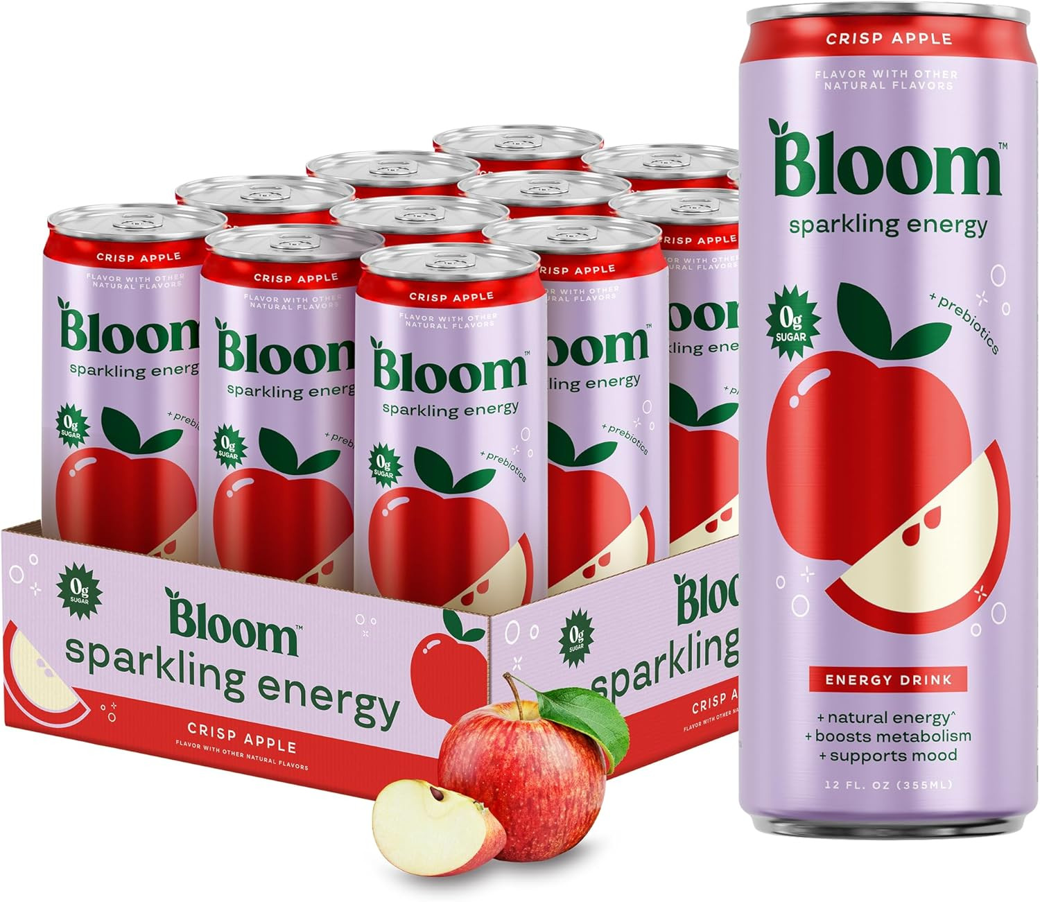 Bloom Nutrition Zero Sugar Energy Drink, Apple Crisp, 12oz 12pk | Amazon (US)