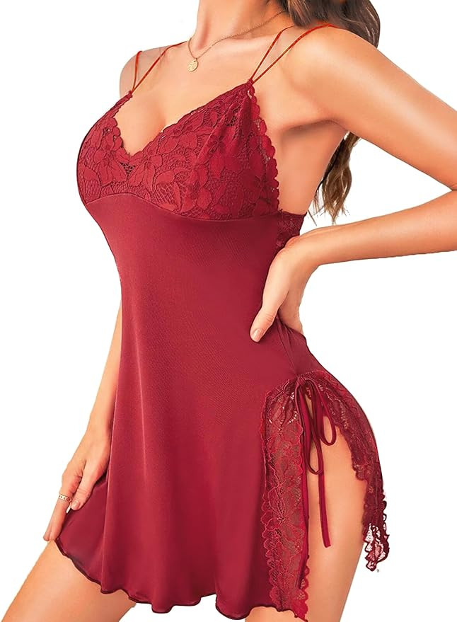 RSLOVE Women Lingerie Sexy Chemise Lace Babydoll Side Split Full Slip Nightgown Modal Sleepwear N... | Amazon (US)