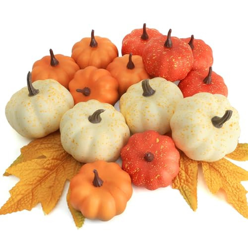 CHEAWRTZ 16PCS Realistic Mini Pumpkin Decor,Fall Decor with Pumpkins Maple Leaves, Artificial Pumpkin Decor for Autumn Filler, Realistic Pumpkin Decorations for Halloween Thanksgiving Fall Home Decor | Amazon (US)
