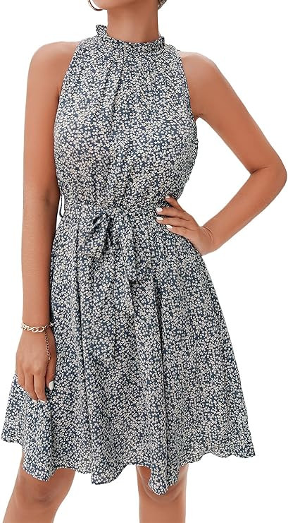 BTFBM Women Floral Dresses Casual Summer Sleeveless Halter Neck Ruffle Belt Boho Polka Dot Leopar... | Amazon (US)