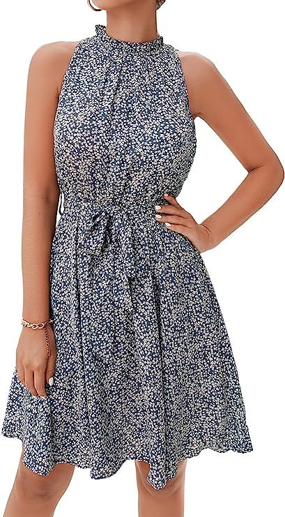 BTFBM Women Floral Dresses Casual Summer Sleeveless Halter Neck Ruffle Belt Boho Polka Dot Leopar... | Amazon (US)