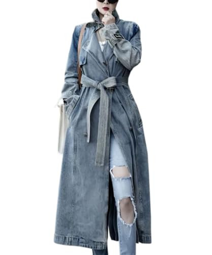 Glkaend Women's Vintage Notched Lapel Denim Trench Coat Double Breasted Long Jean Jacket Belted Overcoat,Blue,L | Amazon (US)