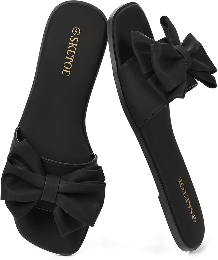 Women's Bow Flat Sandals Open Saquare Toe Sandals Comfortable Slide Slip On Sandals for Wedding B... | Amazon (US)