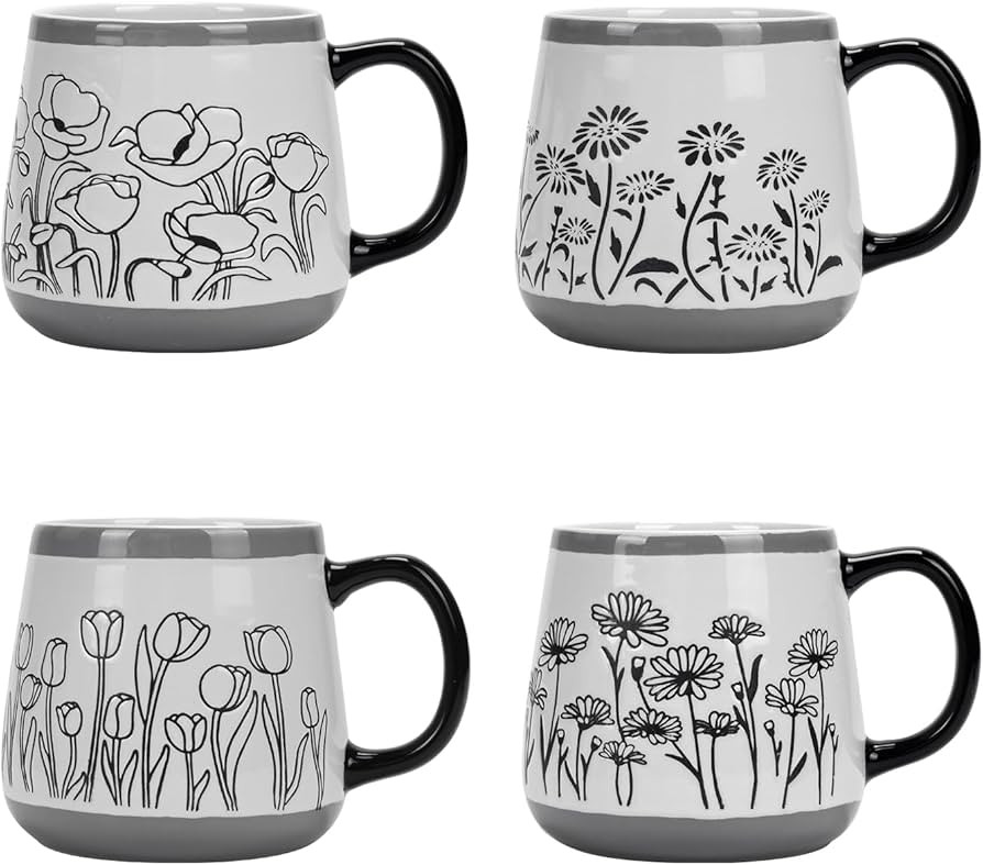 Schliersee 16 OZ Floral Coffee Mugs Set of 4, 16 Ounce Mug, Large Ceramic Mug for Man Woman, Flor... | Amazon (US)